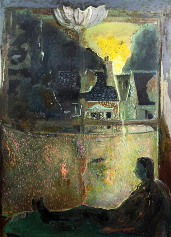 § Harold Mockford (1932-) Sleeping figure with houses and flames viewed through the window, 47.5 x 35.5in.